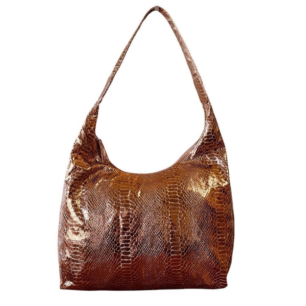 Chi By Carlos Falchi Metallic Snakeskin Print Rose Gold Hobo Bag